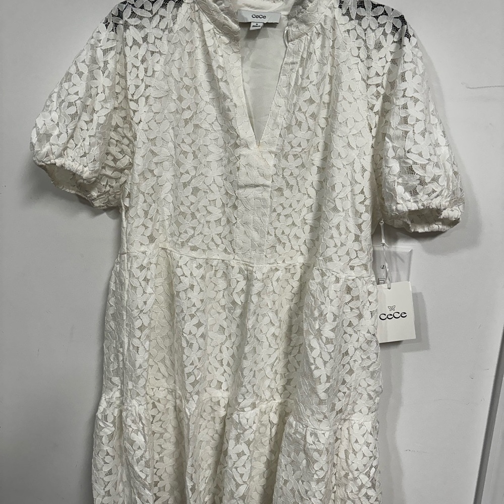 CeCe White Lace Mini Dress with Puff Sleeves - Picture 4 of 5